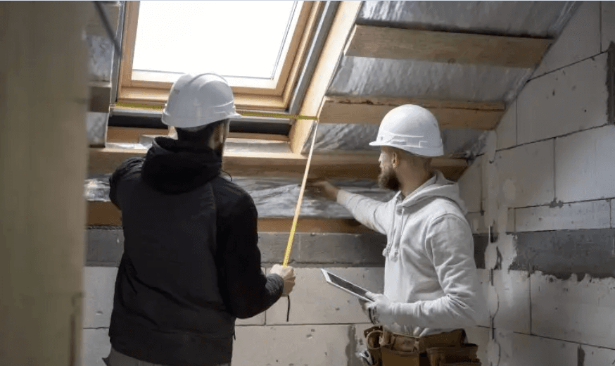 Contractors measuring attic insulation depth near a skylight in Vancouver