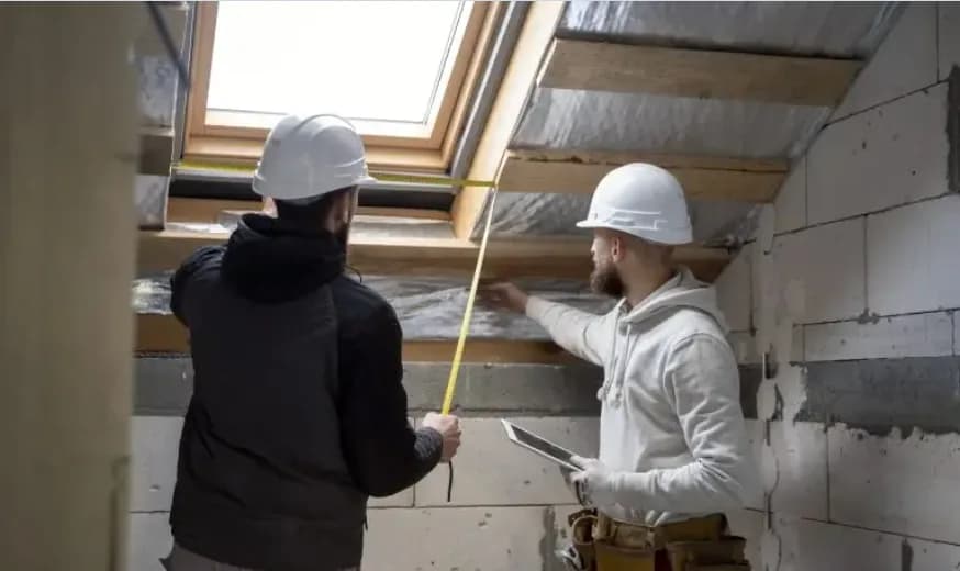 Contractors measuring attic insulation depth near a skylight in Vancouver