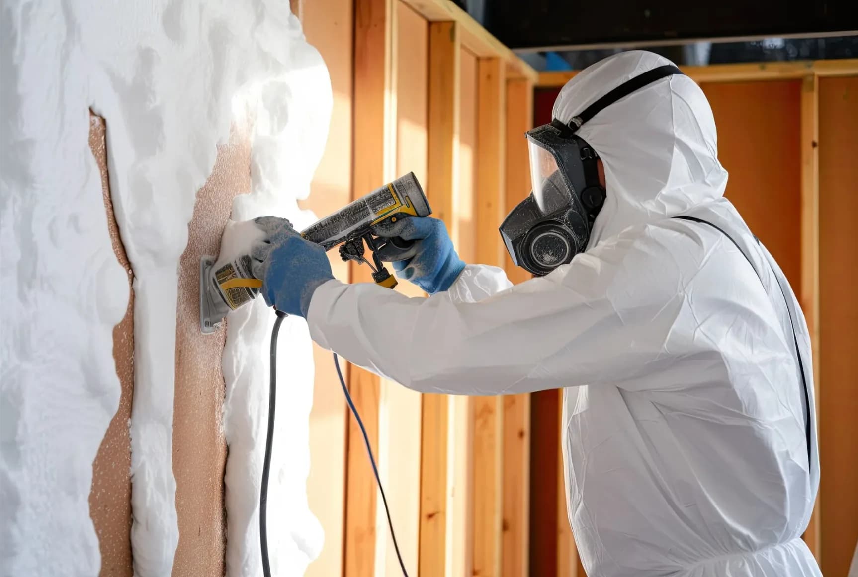 Spray foam installer in protective suit applying insulation to a wall